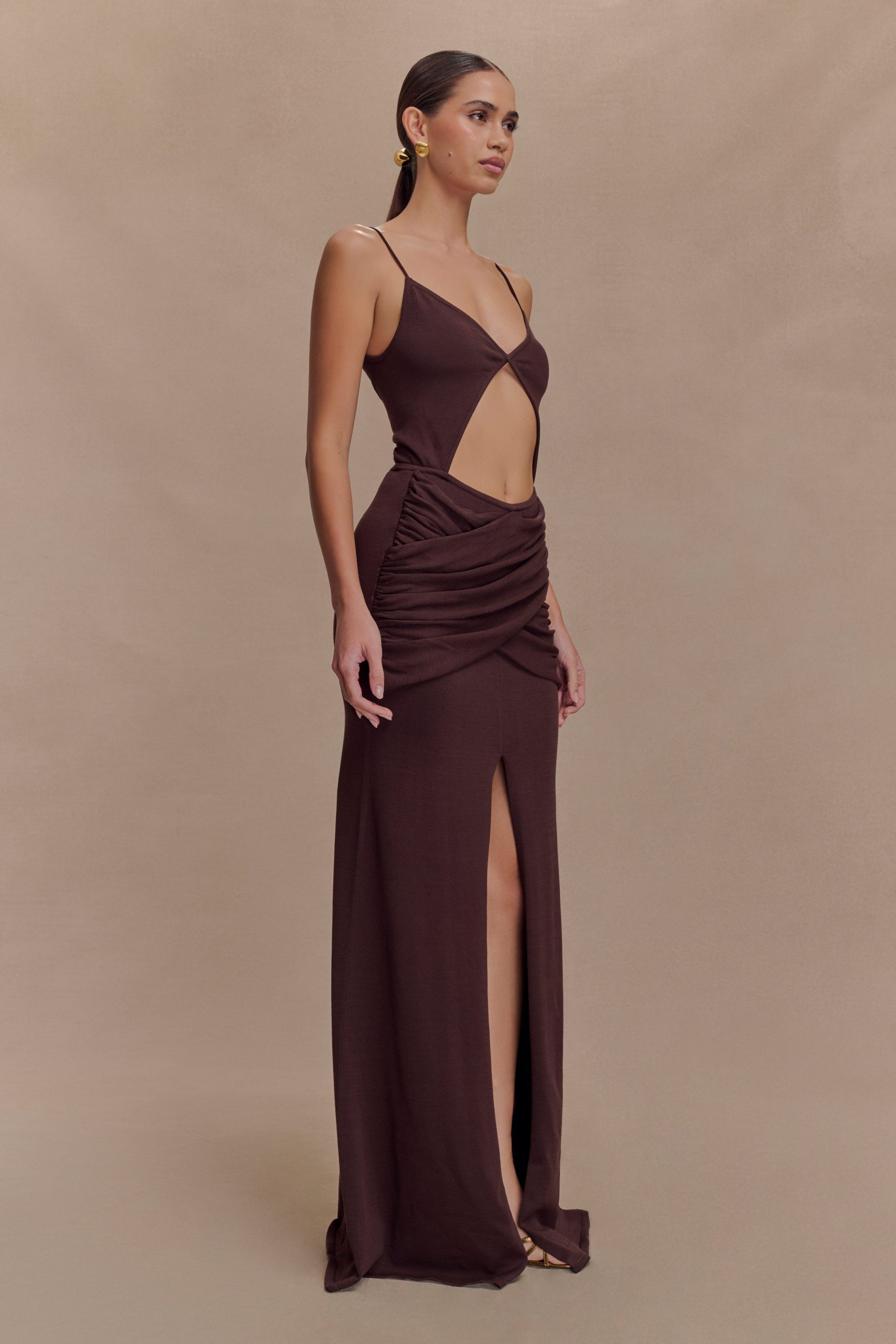 Reama Wrap Over Knit Maxi Dress - Chocolate - Image 3