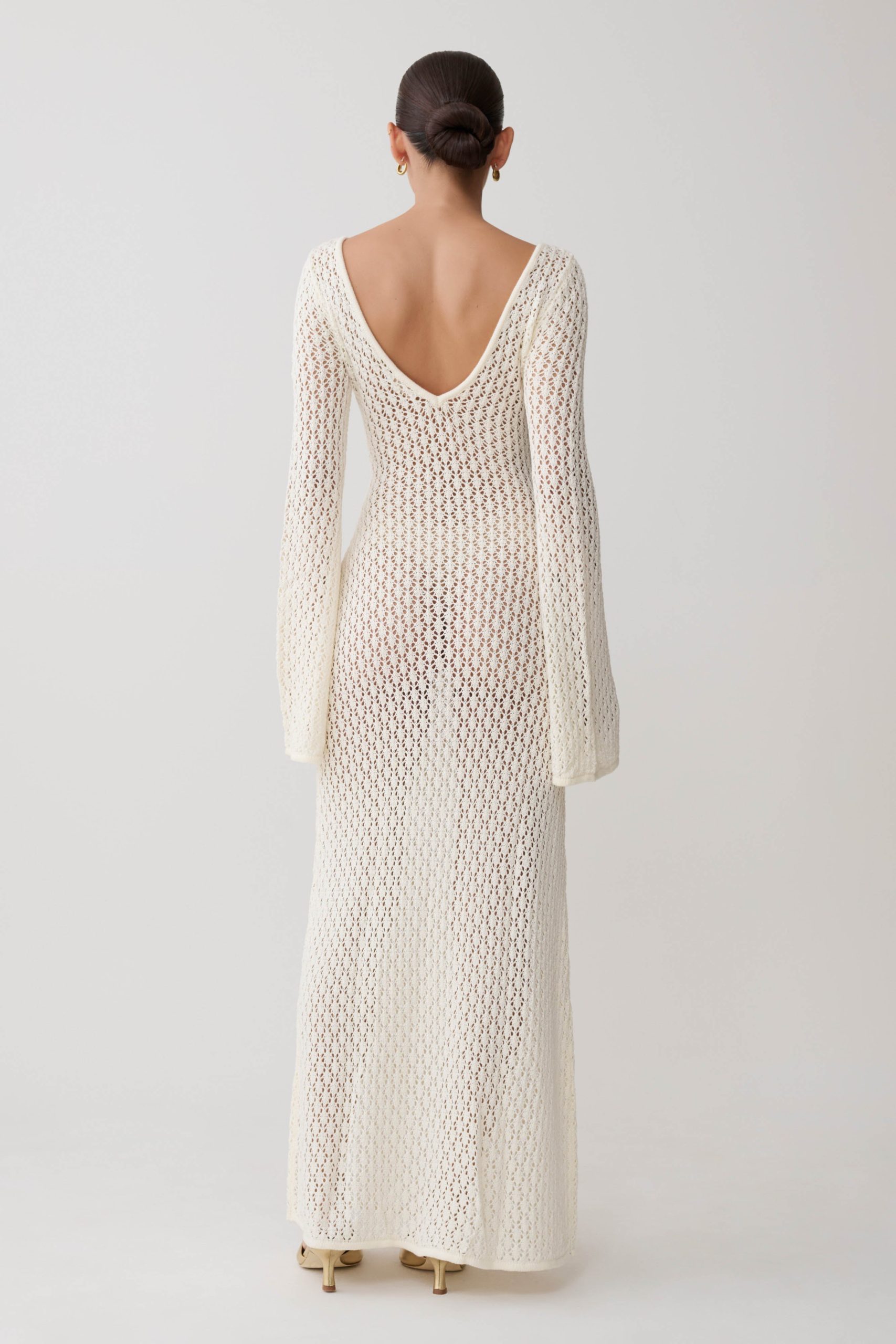 Kayleigh Crochet Fishtail Flare Sleeve Maxi Dress - White - Image 2